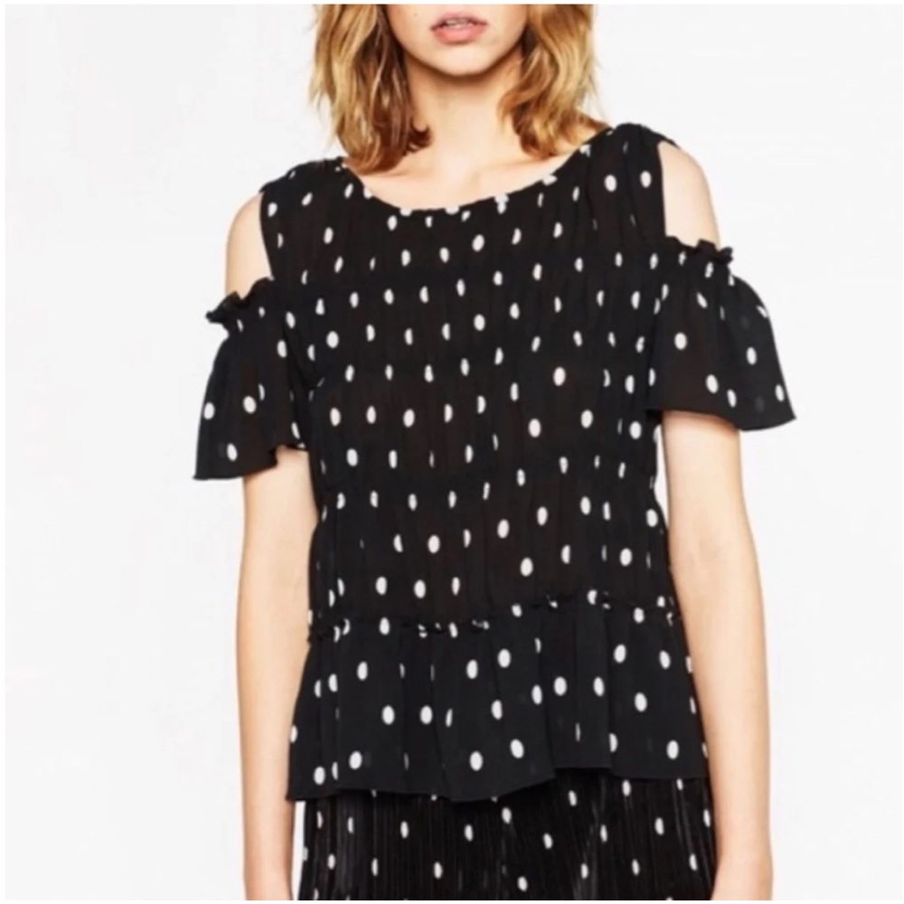 Zara black white polka dots cold shoulder blouse size medium